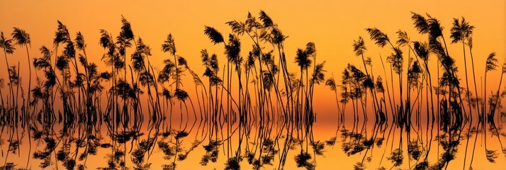 Stunning Sunset Over Calm Waters With Silhouetted Trees Reflecting Beautifully in the Serene Landscape
