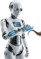 Futuristic white android woman robot performs digital hair analysis using a glowing handheld device on a long strand of blonde hair artificial intelligence technology machine learning