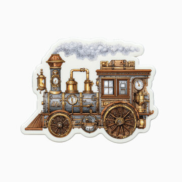 Steampunk locomotive illustration with intricate details and smoke