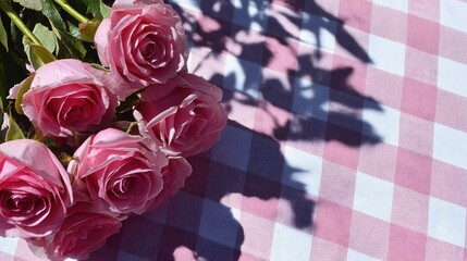 Roses on a Checkered Tablecloth Casting Shadows in Bright Daylight
