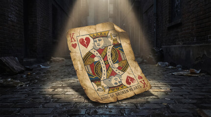 Worn King of Hearts card in an abandoned dirty alley. Conceptual playing card, concept of heartbreak