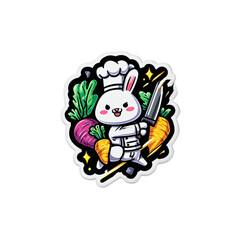 Cute cartoon rabbit chef with carrots and knife, ready to cook
