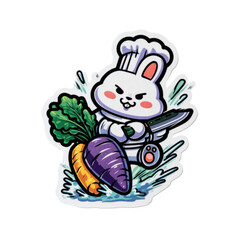 Cute cartoon rabbit chef with knife and vegetables