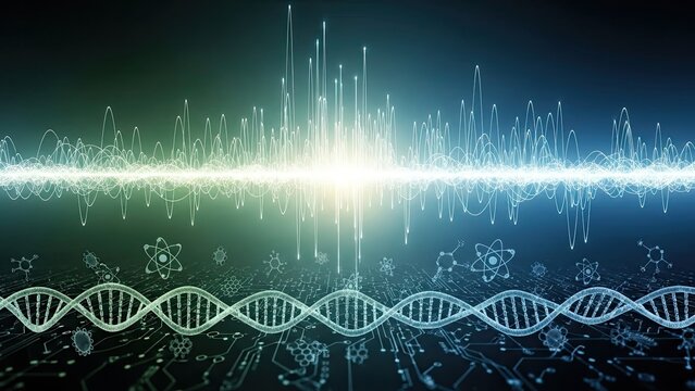 Vibrant DNA double helix with glowing sound waves and molecular structures - Powered by Adobe