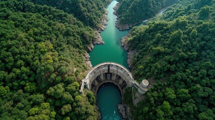 Dam surrounded by lush green forest and tranquil river, aerial view of scenic mountain landscape