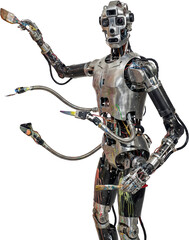 Fototapeta premium An advanced humanoid robot with multiple camera lenses for eyes holds several paint brushes covered in bright multicolored dripping paint android artificial intelligence painting