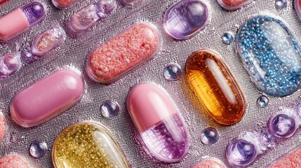 Close-up Look at Colorful Vitamins and Dietary Supplements on a Metallic Backing During Daylight Hours