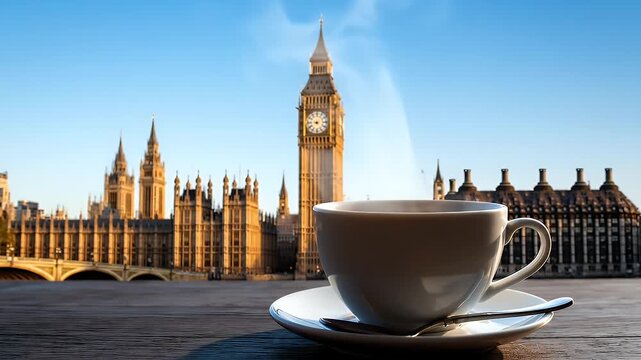 Steaming Cup of Coffee with Big Ben and Houses of Parliament in London Background.