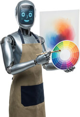 A friendly silver android wearing a beige artist apron holds a paintbrush and a color wheel while standing next to a canvas displaying abstract color blending robot artificial intelligence