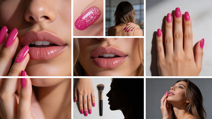 Photo collage showcasing close-up beauty details: glossy magenta pink manicured nails with glitter accents, plump shiny lips, a makeup brush, silhouette profile, and a woman touching her face and neck