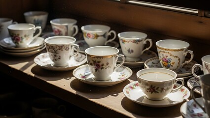 Vintage Teacups on Shelf Sunlight Antique Floral China Collection Display Décor