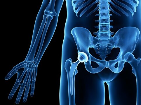 Hip Replacement Surgery X-ray: Artificial Prosthetic Implant in Human Pelvis Medical Illustration on Dark Background