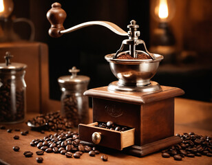 Vintage manual coffee grinder and coffee beans on rustic wooden table