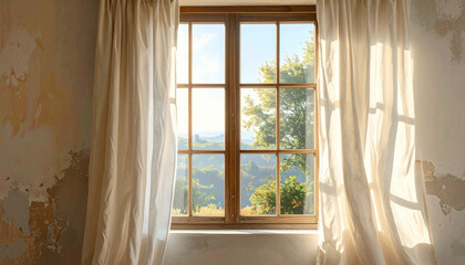 Fototapeta premium Cozy Interior Window with Warm Sunlight and Flowing Curtains