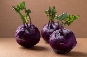 Purple kohlrabi or turnip cabbage on brown background