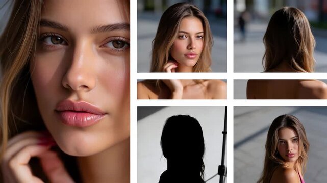 A dynamic photo collage of a young woman with wavy hair and pink nails in close-ups, poses, silhouettes, and profiles, animated uniquely per frame in the video