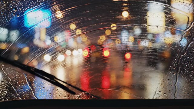 Car windshield with rain and moving wipers at night photography
