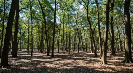 Fototapeta premium Forest scene with numerous tall trees and dappled sunlight filtering