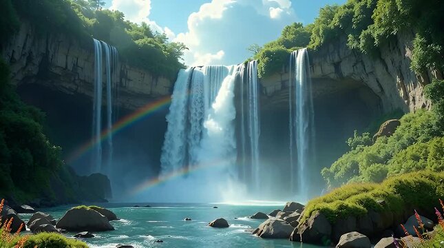 Majestic waterfall cascading into tranquil pool under a vibrant rainbow