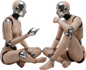Two humanoid android figures with chrome heads and jointed limbs are sitting cross legged facing each other in a communication pose robot artificial intelligence human like
