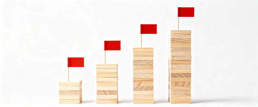 Conceptual Progress Staircase Wooden Blocks Showing Business Growth And Goal Achievement With Red Flags