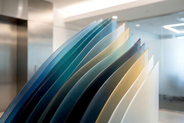 Curved translucent panels in a spectrum of blues and yellows image photo