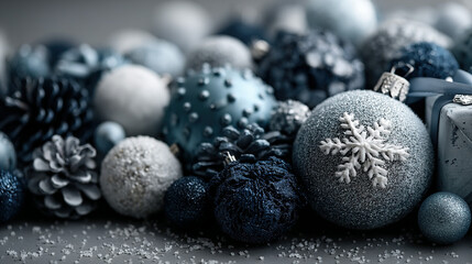 Collection of festive holiday ornaments in silver, black, and white colors.