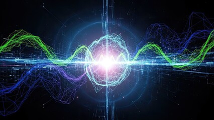 Vibrant digital waveform with glowing nodes and futuristic network connections pulsing with energy