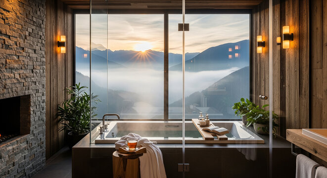 A high-end bathroom features a large bathtub positioned in front of a floor-to-ceiling window with a scenic view of misty mountains at sunrise. - Powered by Adobe