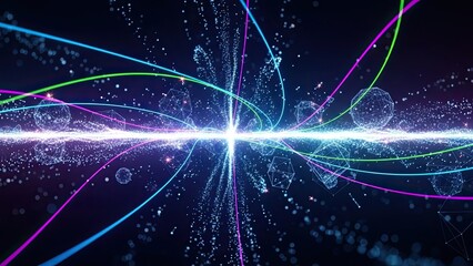 Vibrant neon light trails radiate from glowing core in futuristic space