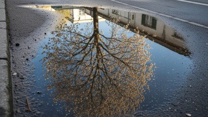 Tree Reflection in Puddle on Wet Asphalt Road After Rain.