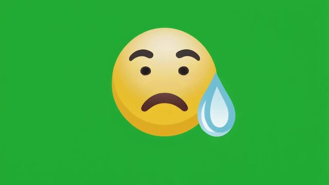 A sad face emoji with a single tear drop on a green background