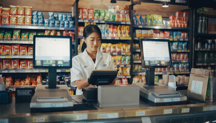 store clerk operating POS system in convenience store