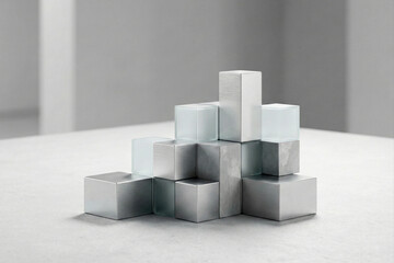Stacked Geometric Blocks of Metal and Frosted Glass cubes