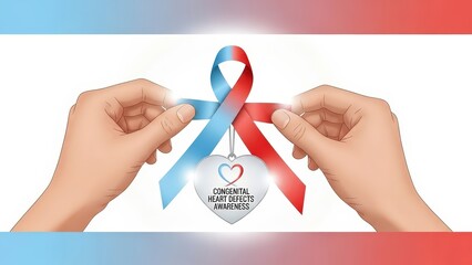 Hands Hold Red and Blue Ribbon for Congenital Heart Defect Awareness.