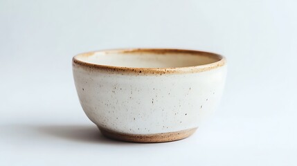 Speckled White Ceramic Bowl with Brown Rim on White Background Studio Shot