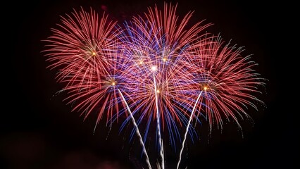 colorful fireworks night sky celebration, red blue white fireworks display, holiday festival new year event background stock image