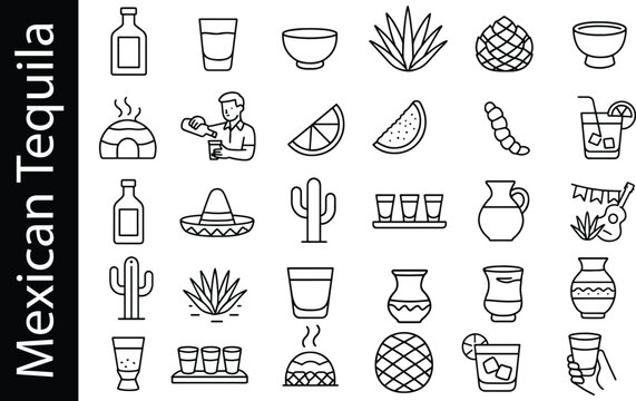 Mexican tequila and margarita outline icon set with agave cactus glass fruit bartender elements minimal black line vector