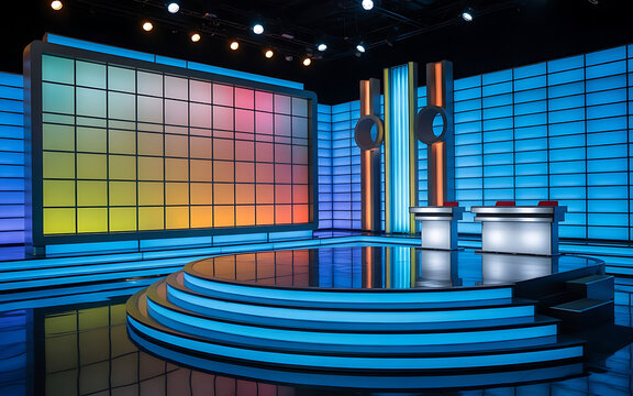 A brightly lit game show set with a large, colorful grid wall, multiple podiums, and a stage with steps
