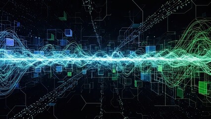 Vibrant digital wave pattern with neon lights and futuristic circuit board design