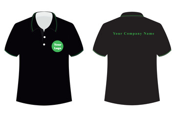 T-shirt vector template (front and back) mock up isolated on white background. flat technical drawing template. Unisex T-Shirt illustration, relaxed fit, Black T-shirt with green line.