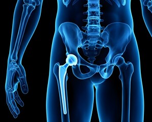 Posterior View Transparent Blue X-ray of Artificial Hip Replacement in Human Skeletal System, Medical Visualization for Orthopedics and Healthcare Education