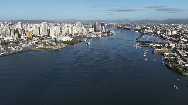 Channel that connects the Itaja&iacute;-A&ccedil;u River to the Atlantic Ocean, where large ships arrive in Brazil in the city of Itajai, Santa Catarina. The video shows a ship docked in the port.