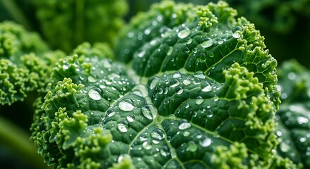 Macro close-up of fresh green curly kale leaf with morning dew water drops