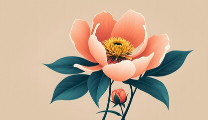 Stylized botanical illustration of a coral pink flower with dark teal leaves on a beige background