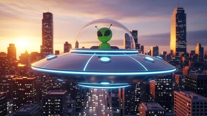 Alien Encounter Above the Cityscape: An extraterrestrial visitor floats in a futuristic spaceship above a bustling cityscape. The enigmatic scene offers a glimpse into the unknown.