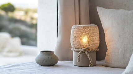 Soft glowing rope lamp styled in coastal-inspired interior corner  