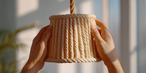 Hands adjusting hanging rope pendant lamp height in soft ambient light Concept of Rope & knot lamps  