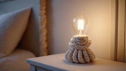 Macrame rope lamp on bedside table with warm cozy nighttime atmosphere - Concept of Rope & knot lamps  