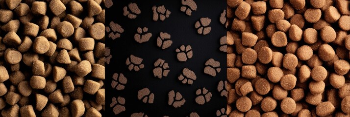 Close-up View of Various Pet Food Kibble Types Creating a Textured, Appealing Pattern in Warm Tones and Distinct Shapes